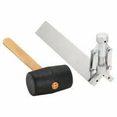 Corner bead clincher with mallet for installing and securing corner beads on drywall corners. Features a matte steel handle, precision-ground teeth, and a rubber component for impact absorption. Used in construction and renovation to create straight edges for plastering or taping.