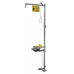 Floor-mount emergency safety fixture combining a drench shower and eyewash station in a single unit. Constructed with an uncovered stainless steel bowl and stainless steel pipe for corrosion resistance. Suitable for industrial facilities requiring immediate decontamination access.