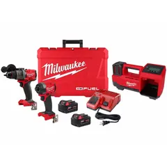 This 18 V DC cordless combination kit includes a hammer drill, impact driver, and inflator. The hammer drill is suited for drilling into masonry and other materials, the impact driver for driving screws and bolts, and the inflator for filling tires and equipment. Manufacturer part numbers 3697-22 and 2848-20.