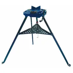 Portable chain vise with folding legs for gripping pipes during cutting, threading, or welding. Accommodates pipe sizes from 0.13 in to 6 in. Metal construction with tool hanging slots. Maximum height 6 in, minimum height 0 in.