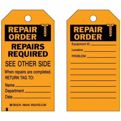 BRADY Tag: Repair Order, 3 in Wd, 5 3/4 in Ht, Black/Orange, Rectangle, Matte - Safety