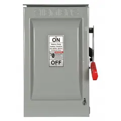 This non-fusible safety switch is rated for 60 A, single-phase, 600V AC. The galvanized steel enclosure supports both indoor and outdoor installation. It is used to safely disconnect electrical power for maintenance or emergency shutdown in industrial and commercial applications.