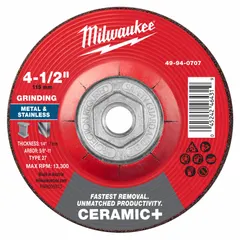 Ceramic abrasive grinding wheel for carbon and stainless steel. Type 27 design with 24 grit for fast material removal and reduced heat buildup. Dimensions: 4 1/2" diameter, 1/4" thickness, 5/8"-11 arbor. Suitable for fabrication, welding, and metalworking applications.