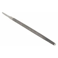 Single-cut round file with safe edge and second cut. Tapers slightly towards the point with a natural finish. Used for shaping and smoothing curved surfaces, enlarging holes, and deburring in metalworking and machining applications.
