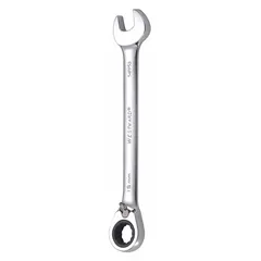 Alloy steel construction with a chrome finish. 15 mm 12-point ratcheting box end with offset design. Overall length 7 7/8 inches. Used for tightening or loosening fasteners in confined spaces where ratcheting action improves efficiency.