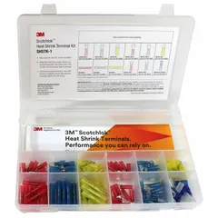 Mixed wire connector and terminal set containing 120 pieces for wire sizes 22 AWG to 10 AWG. Includes a crimping tool and tape dispenser. Used for terminating, splicing, and connecting wires in electrical wiring tasks.