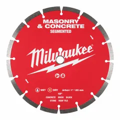 This 12-inch diameter diamond blade features a segmented rim for wet or dry cutting of concrete and masonry materials. Designed for use with masonry saws, it has a 1-inch arbor size. Suitable for construction and renovation tasks requiring precise cuts in hard materials.