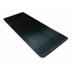 This 3 ft x 12 ft, 1/2 in thick black mat is constructed of vinyl over PVC foam with a beveled edge and anti-slip backing. The ribbed surface reduces fatigue for workers standing on hard floors in industrial environments such as assembly lines, workstations, and packing areas.