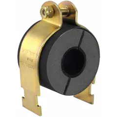 Zinc-plated steel clamp designed to support 3/4 in pipe and 1 in copper tube. Features a polyurethane cushion for vibration dampening and thermal insulation. Overall height of 7 4/5 in. General-purpose temperature rating. Suitable for use in industrial piping systems requiring grounded, insulated support.