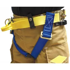 This GEMTOR Class II harness is constructed with nylon webbing and steel hardware in a yellow finish. It features pass-through leg strap buckles and no D-rings. Designed for fall arrest and rescue applications, it complies with NFPA 1893 standards.