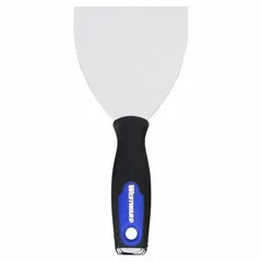 Standard scraper with a full, straight stainless steel blade featuring a bevel/offset edge. The handle is constructed from polypropylene, TPR, and steel with a rubberized grip and includes a hammer end. Designed for scraping applications such as removing paint, adhesive, or putty from surfaces.