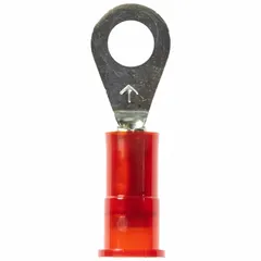 Insulated ring terminal with red nylon insulation, rated for 1000 V. Accommodates 22 AWG to 18 AWG wire sizes and fits #8 studs. Used for secure electrical connections in control panels, automation systems, and power distribution.