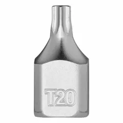 This Torx bit socket features a T20 tip size and a fixed insert design for secure bit retention. With a 1/4 in drive and 51/64 in overall length, it is used for driving T20 Torx fasteners in assembly, maintenance, and repair tasks.