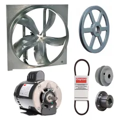 Unassembled belt-drive panel exhaust fan with a 24-inch blade, 1/4 hp motor, and 8,734 cfm capacity. Features a zinc-plated steel frame, open dripproof motor enclosure with Class B insulation, and operates on 115/208-230V AC single-phase power. Designed for general ventilation in industrial and commercial spaces to remove heat, fumes, and stale air. Supplied without intake guards.