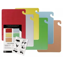 This six-board set includes color-coded cutting boards in Blue, Brown, Green, Red, White, and Yellow, each measuring 24 inches by 18 inches. Made from co-polymer material, the set is NSF Certified for use in commercial food preparation. The color-coding system helps designate boards for specific food types to reduce cross-contamination.