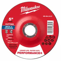 This MILWAUKEE cut-off wheel is designed for general-purpose cutting of carbon and stainless steel. It features a Type 27 design with a 5-inch diameter, 0.045-inch thickness, and 7/8-inch arbor. The aluminum oxide abrasive in 46 grit provides effective cutting in metal fabrication, maintenance, and repair applications.