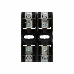 This 2-pole fuse block is designed for UL Class J fuses rated up to 600 V AC. It features pressure plate terminals and a non-indicating, open block design for easy fuse access. Typical applications include industrial control panels, motor protection circuits, and power distribution systems.