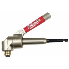 This right-angle drill attachment converts a cordless drill's output to a 90-degree angle, enabling access to tight spaces. It accepts standard 1/4 in hex accessories for drilling and driving in confined areas.