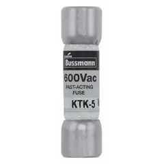 BUSSMANN KTK-5 is a fast-acting midget fuse rated 5 A at 600 V AC. It has a non-indicating design with dimensions 13/32 in x 1 1/2 in. Used for overcurrent protection in industrial control panels and motor starters.