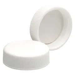 White, opaque polypropylene screw cap with a 33-400 mm closure size and a PTFE faced polyethylene liner. Designed for sealing containers in laboratory or industrial settings where chemical resistance is required.