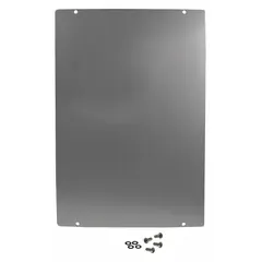 Silver aluminum blank panel designed as a cover or filler for unused openings in 255-003 and 255 series enclosures. Includes security screws and washer for secure installation. Helps maintain enclosure integrity and protect internal components.