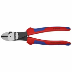 Standard-cut diagonal-cutting pliers with an angled, oval head for access in confined spaces. Jaw length 7/8 in, jaw width 1 1/8 in, overall size 6-8 in. High-leverage mechanism for cutting hard wire. Suitable for electrical, maintenance, and industrial cutting tasks.