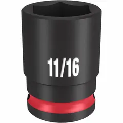 This 3/8" drive impact socket features an 11/16 in SAE hex size with a 6-point design for use with impact tools. The black phosphate finish provides corrosion resistance. Typical applications include fastening and loosening hex fasteners in automotive, industrial, and maintenance settings.