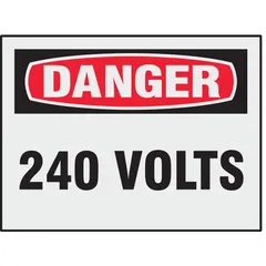 This 8-pack of Danger: 240 Volts signs features adhesive mounting for direct application on equipment, panels, or walls. The signs are not retroreflective, not glow-in-the-dark, and have no anti-slip surface. Suitable for indoor or sheltered use where high-voltage warnings are required.