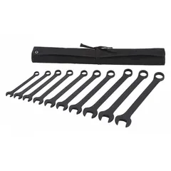 Alloy steel wrench set with black oxide finish and 15° head offset angle. Includes 10 SAE 12-point combination wrenches in a storage pouch. Used for tightening and loosening fasteners in automotive, machinery, and general assembly applications.