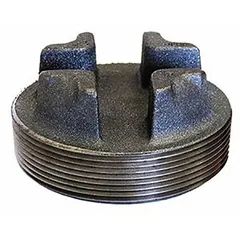 Threaded plug for sealing open ends in medium-pressure piping systems. Constructed of cast iron with NPT threads. Rated for maximum operating pressure of 300 psi at 150°F. Suitable for use in industrial water, steam, gas, and oil lines.