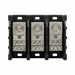 Open block with lugs for surface mounting. Copper construction. Accommodates line side wire sizes from 6 AWG to 500 kcmil. Used to distribute power from a single incoming cable to multiple outgoing circuits in electrical distribution systems.