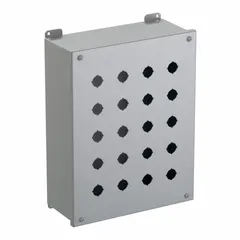 Carbon steel enclosure with 20 holes for 22mm operators. Rated NEMA 12/13 for oil-tight and dust-tight protection. Suitable for industrial control stations in factory and machine tool environments.