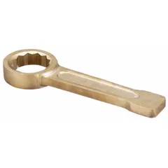 Aluminum-bronze construction provides nonsparking properties for use in hazardous environments. Straight handle with 12-point box end. Head size 32 mm, head thickness 7/8 in, overall length 8 in. Natural finish.