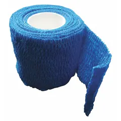 Non-sterile, self-adhering bandage made of non-woven fabric. Contains latex and is not water resistant. Measures 2 inches wide by 5 yards long. Does not include a fastener or clotting agent. Suitable for securing wound dressings or providing light compression in first aid applications.