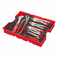 This 9-piece tool-only set includes two straight-jaw pliers and two adjustable wrenches, all SAE. The tools are organized in a foam-lined tray for secure storage and transport. Suitable for gripping, turning, and adjusting fasteners and pipes in maintenance and mechanical tasks.