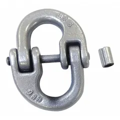 Oblong lifting connecting link manufactured to ASTM A952. Trade size 1/4 in, compatible with 9/32 in chain. Used in rigging and material handling to connect chain segments or attach loads.