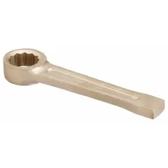 Metric straight handle striking box end wrench with 12-point opening. Made from natural aluminum bronze for nonsparking performance. Head size 27 mm, overall length 7 in. Used in maintenance and assembly tasks where spark resistance is required.