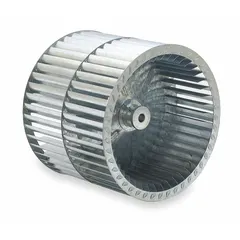This dual-inlet forward-curved blower wheel has a 12 3/16-inch diameter, 6-inch width, and 1/2-inch bore. Constructed from steel with clockwise (CW) hub end rotation, it is suited for industrial air-moving systems such as HVAC units, ovens, and material-handling equipment. Its forward-curved design delivers high airflow at low static pressures for ventilation and exhaust applications.