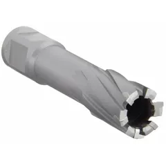 Bright finish carbide-tipped annular cutter with Weldon Flat shank. Cuts 5/8 in diameter holes up to 2 in depth. For use with magnetic drill presses in metal fabrication and structural steel applications.