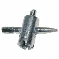 This 4-way valve tool is constructed from steel and measures 3 15/16 inches in overall length with a 1/2 inch overall height. It includes an integrated core screwdriver for servicing tire valve cores, enabling removal and installation during tire repair or inflation tasks