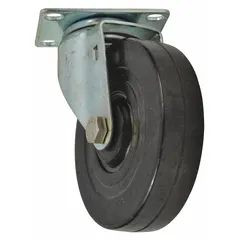 This swivel caster is a replacement component for platform trucks and similar material handling equipment. It features a steel frame with a black finish and a rubber/steel wheel with a zinc finish. The caster has an overall length of 5 inches and an overall width of 1 1/4 inches, supporting a load capacity of 190 lb.