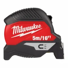 Standard inch tape measure with magnetic single hook tip for attaching to metal surfaces, enabling one-person measuring. Features manual lock, dual Metric/SAE scale with 1/16 in increments, and a plastic case in black/red. Suitable for general construction, electrical, and HVAC measuring tasks.