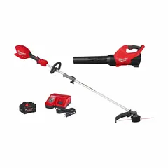 This combination kit includes a blower and a trimmer for outdoor property maintenance. The blower delivers a maximum air speed of 120 mph. The kit is powered by an 8.0 Ah battery.