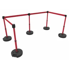 This retractable belt barrier system includes five posts with a 42-inch height and a 15-foot red belt. The belt has no pattern or message. It is used for crowd control, safety delineation, and access management in areas such as industrial facilities, warehouses, and public spaces.