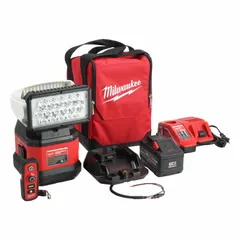 This 18V DC work light delivers up to 4,250 lumens with three selectable modes. With a maximum height of 11 1/2 inches, it provides adjustable illumination for construction, maintenance, and industrial tasks in low-light environments.