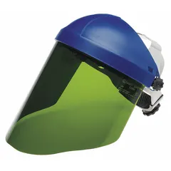 Green, uncoated polycarbonate replacement visor for welding face shields. Measures 9 inches in height and 2 mm in thickness. Provides a protective barrier against sparks, spatter, and debris during welding operations.