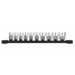 This 10-piece metric socket set includes 6-point sockets from 10 mm to 19 mm with a 3/8 in drive. The friction ball retention design secures sockets on the ratchet during fastening and loosening tasks. Suitable for automotive repair, machinery maintenance, and general assembly work.