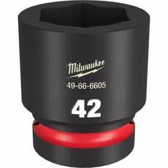 This 1" drive impact socket features a 42 mm metric, 6-point configuration with a friction ring retention mechanism. The black phosphate finish provides corrosion resistance. Suitable for heavy-duty fastening tasks in automotive, construction, and industrial maintenance.