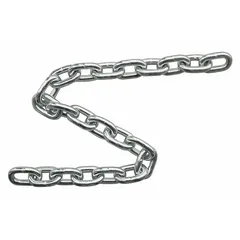 This Grade-30 load-securing chain is made of galvanized carbon steel in a straight configuration. It is used for light-duty tie-downs, towing, and securing cargo in industrial and agricultural settings. The galvanized finish provides corrosion resistance for outdoor use.
