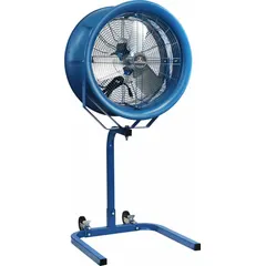 This PATTERSON pedestal fan is designed for commercial air circulation in warehouses, workshops, and factories. It features a 22-inch blade, a 1/2 hp three-phase motor, and single-speed non-oscillating operation at 208-230/460V AC.